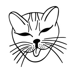 Sleepy cat. Funny trendy doodle vector illustration. Black contour on white background as a print, sticker, card, poster, sign, tatoo.