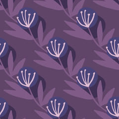 Diagonal located dandelion on seamless pattern in purple tones.