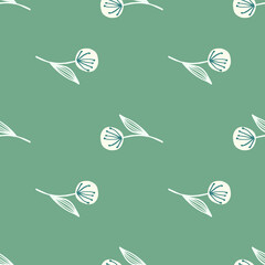 Geometric white dandelion on botanic seamless pattern. Green background.