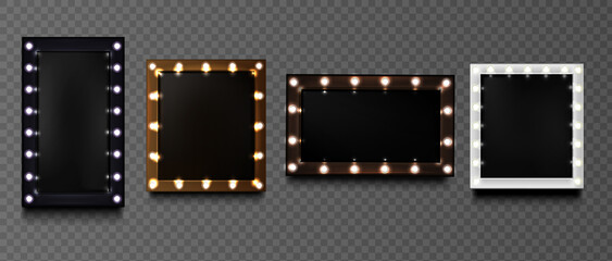 Square frames with light bulbs on black board isolated on transparent background. Vector realistic mockup of rectangular makeup mirror with golden, silver, black and brown borders - obrazy, fototapety, plakaty