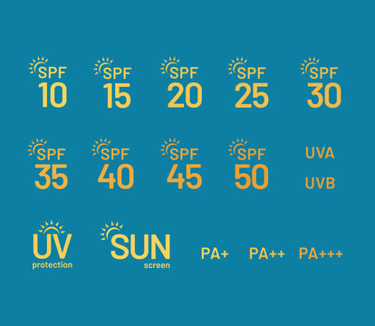 Set of simple flat SPF sun protection icons on blue background. Icons for sunscreen products or other skin cosmetics. - Vector illustration