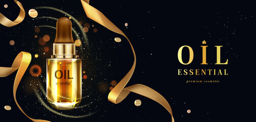 Oil essential, luxury cosmetic with golden glitter, confetti and ribbon. Vector realistic brand poster with skincare cosmetic product in glass bottle. Promo banner, advertising background