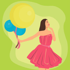 80s fashion style pink puffy dress. Fashionable long-haired brunette young girl with balloons in her hands. Flat vector illustration hand drawn cartoon. woman