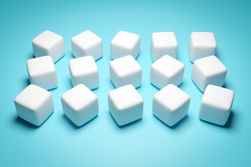 3d illustration of rows of white cube.Set of chewing gum on blue background. Parallelogram pattern. Technology geometry  background