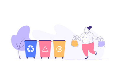 Isolated happy girl with trash bags sorts trash. Garbage sorting concept.Saving Earth Ecology Environmental conservationist.Cartoon flat vector stock illustration