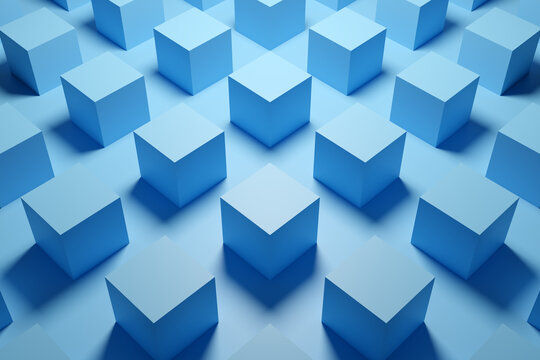 Fototapeta 3d illustration of rows of blue cube.Set of chewing gum on blue background. Parallelogram pattern. Technology geometry  background