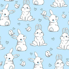 Seamless Pattern Rabbit. Hand Drawn Bunny and birds, print design rabbit background. Seamless. Print Design Textile for Kids Fashion.