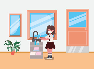 Girl kid with uniform and medical mask washing hands design, Back to school and social distancing theme Vector illustration