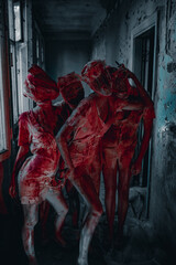 Cosplayers portray bloody monsters mannequins.