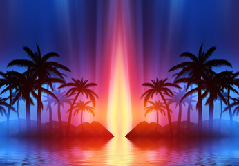 Fototapeta na wymiar Abstract futuristic background. Neon glow, reflection of tropical palm trees on the water. Night view, beach party. 3d illustration