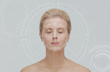 Face of a beautifyl girl with a scanning grid on her face. Face id, security, facial recognition, authentication technology.