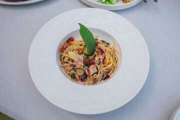 Top view of  Spaghetti with Bacon Chili or 
