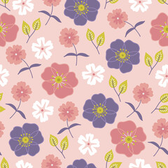 Fototapeta na wymiar Floral seamless pattern with flowers and leaves on pink background