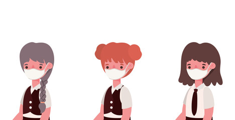 Girls kids with medical masks and uniforms design, Back to school and social distancing theme Vector illustration