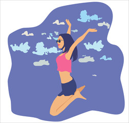 Cheerful and happy girl in a jump vector flat illustration. Woman in glasses with long hair smiles and looks on a background of the sky. Fashion and beauty
