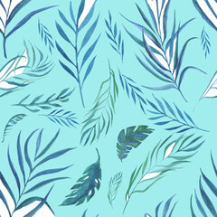 Hand painted watercolor tropical leaves and flowers seamless pattern. Concept for wallpaper, surface pattern design, stationery, wedding decor, scrapbooking, fabric, bedding, clothing, wrapping paper