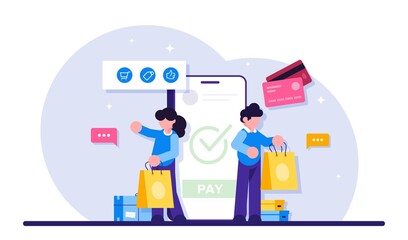 Concept of Online commerce. E-business or e-commerce technology. Mobile app for payment with credit card and web banking customer. Modern flat illustration.