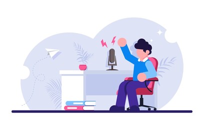 Concept of Online radio presenter, streaming. Man podcaster in podcast studio, broadcaster at workspace isolated cartoon character. Modern flat illustration.