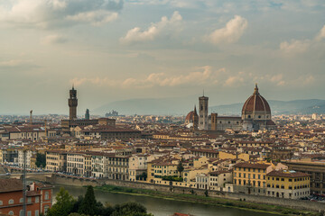 Florence old city skyline at sunset with Cathedral of Santa Maria del Fiore in Florence, Tuscany, Italy.