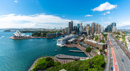 Panorama view of Sydney harbor bay and Sydney downtown skyline with opera house in a beautiful...