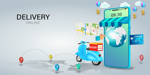 Fast delivery by scooter on mobile. E-commerce online concept. Online food order infographic. Webpage, app design. vector illustration.