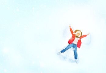 Fototapeta na wymiar Snow angel idea. Happy woman enjoying first snow, lying in snow and making snow angel. Copy space.