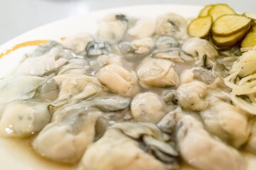 fresh oysters close-up on white plate
