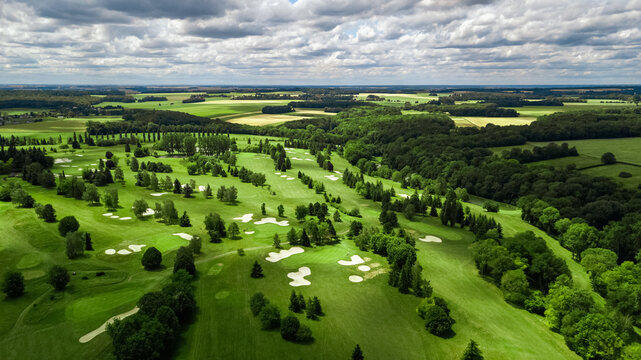 Drone view of a beautiful golf course in Civry-la-Foret Paris France