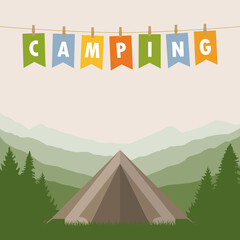 camping adventure in the wilderness tent in the forest at mountain landscape vector illustration EPS10