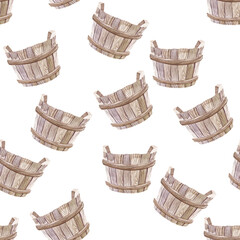 Seamless pattern of a wooden bucket Element of gardening. Hand-drawn watercolor illustrations on a orange background. For flower markets, wallpaper, textiles, scrapbooking, packaging.