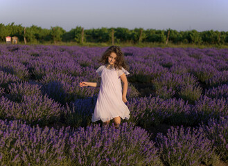 Cheerful pretty little girl in pink dress in a lavender field at the sunset background.