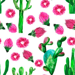 Cactus and succulent watercolor seamless pattern. Hand drawn illustrations very colorful and bright on white background