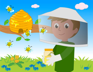 Bee keeper and hive vector illustration