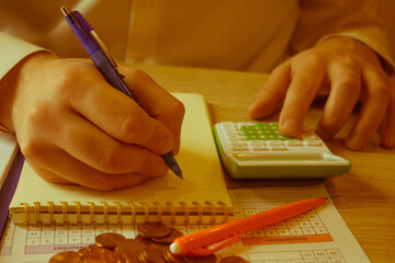savings, finances, economy and home concept - man with calculator counting money and making notes at home