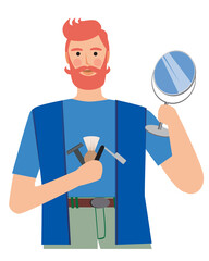 Young man with a beard uses an eco razor and shaving brush isolated on a white background, flat vector stock illustration as a concept of zero bypasses and a green beauty
