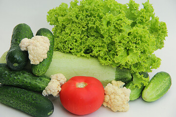 fresh vegetables close - up tomatoes, cucumbers, lettuce, cauliflower, zucchini