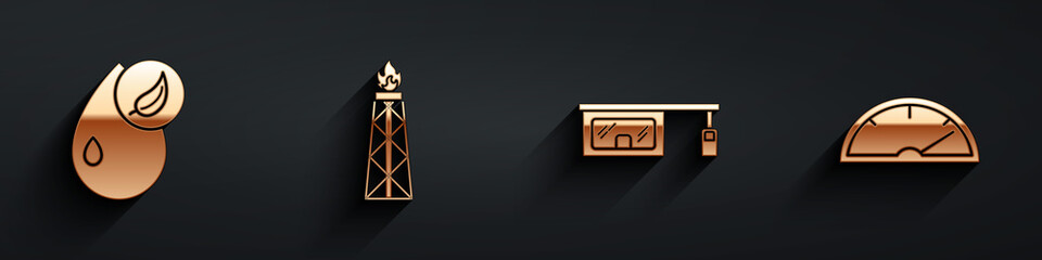 Set Bio fuel, Oil rig with fire, Gas filling station and Speedometer icon with long shadow. Vector.