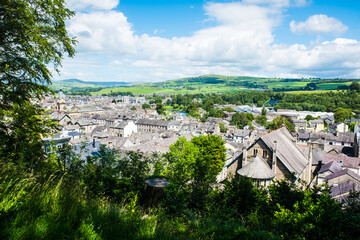 Aerial view of Kendal town centre and blue sky Cumbria, UK