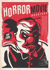 Horror design made for movie event. Cinema poster with red bloody clown with scary face. Vector illustration.