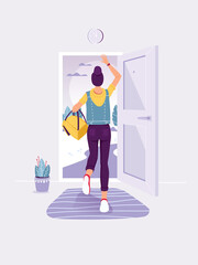 People leaving home. Back view. Lady staing in the doorway. Woman running into open door. Exit and escape concept. Trendy flat vector illustration.