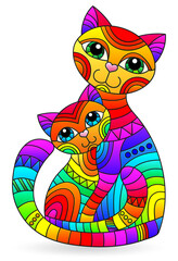 Illustration in stained glass style with an abstract rainbow cat and a kitten isolated on a white background