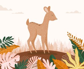  cute little deer with autumn leaves colored in flat style vector illustration.