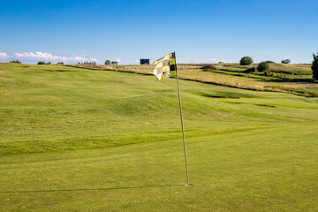 A checkered flag on a golf course signifying a hole