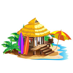 Tropical hut with thatched roof. Summer holidays in the tropics by the ocean. Isolated vector illustration in cartoon style on a white background.