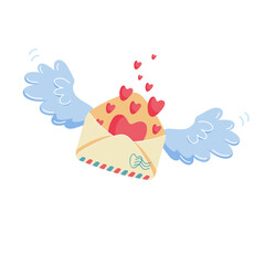 Romantic mail concept. Closed envelope with heart stamp flying on blue angel wings to addressee. Valentine's day symbol of love correspondence.Vector illustration isolated on white background.