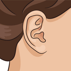 Vector illustration of human ear closeup with part of head and hair. Realistic style