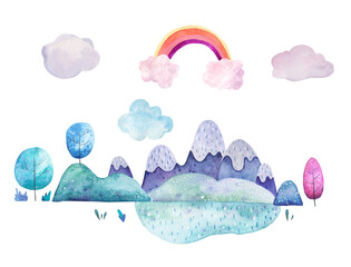Landscape mountains water grass clouds rainbow trees watercolor illustration on white background © Ilona