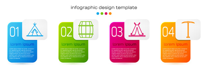 Set line Indian teepee or wigwam, Wooden barrel, Indian teepee or wigwam and Pickaxe. Business infographic template. Vector. © Vadim