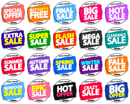 Set Sale banners design template, discount tags, great promotion, grunge brush, vector illustration