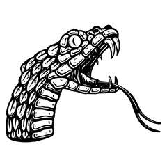 Illustration of head of poisonous snake in engraving style. Design element for logo, label, emblem, sign, badge.